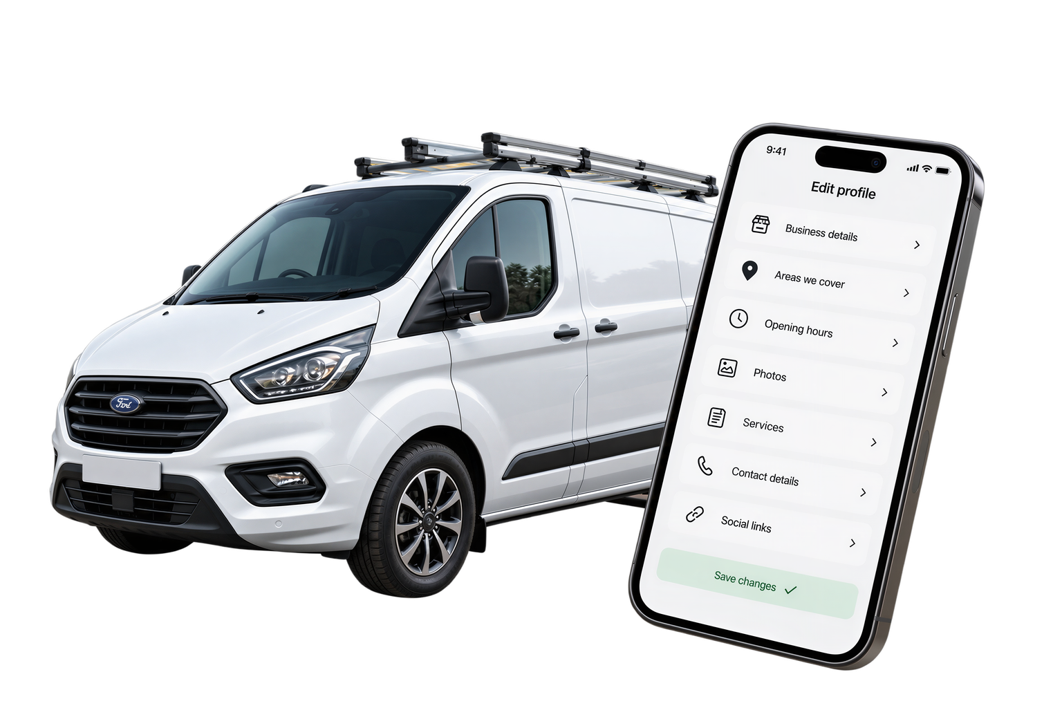 Business profile editing shown on a phone beside a trades van