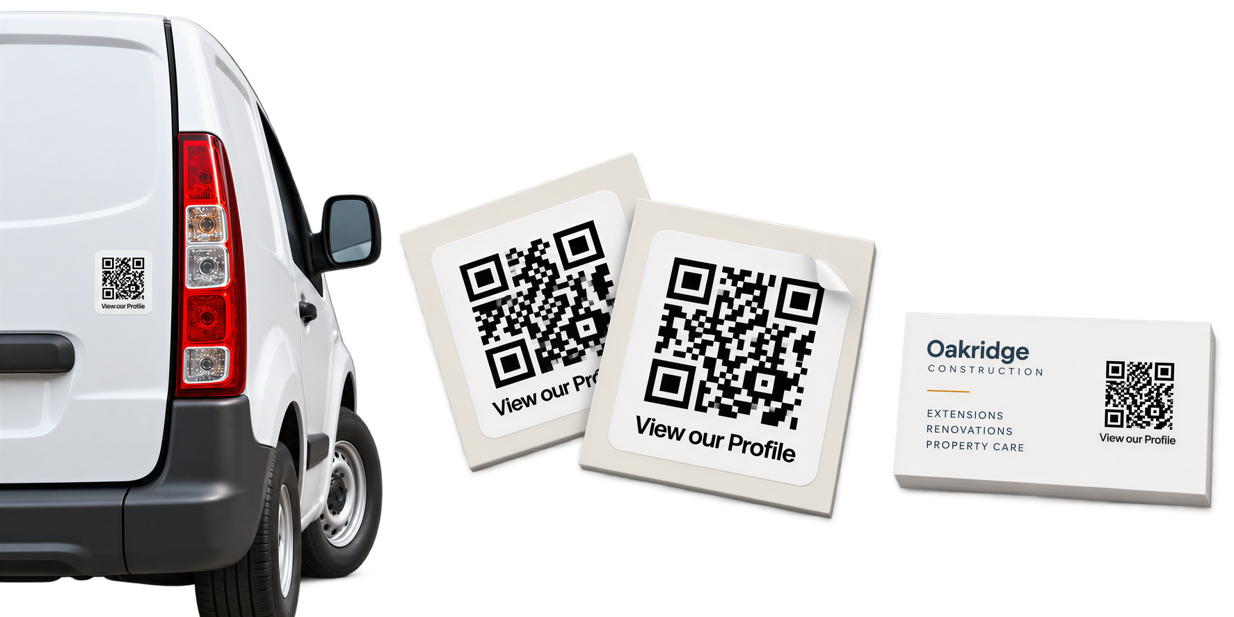 QR stickers for a business profile shown on a van, loose sticker backing and printed business card