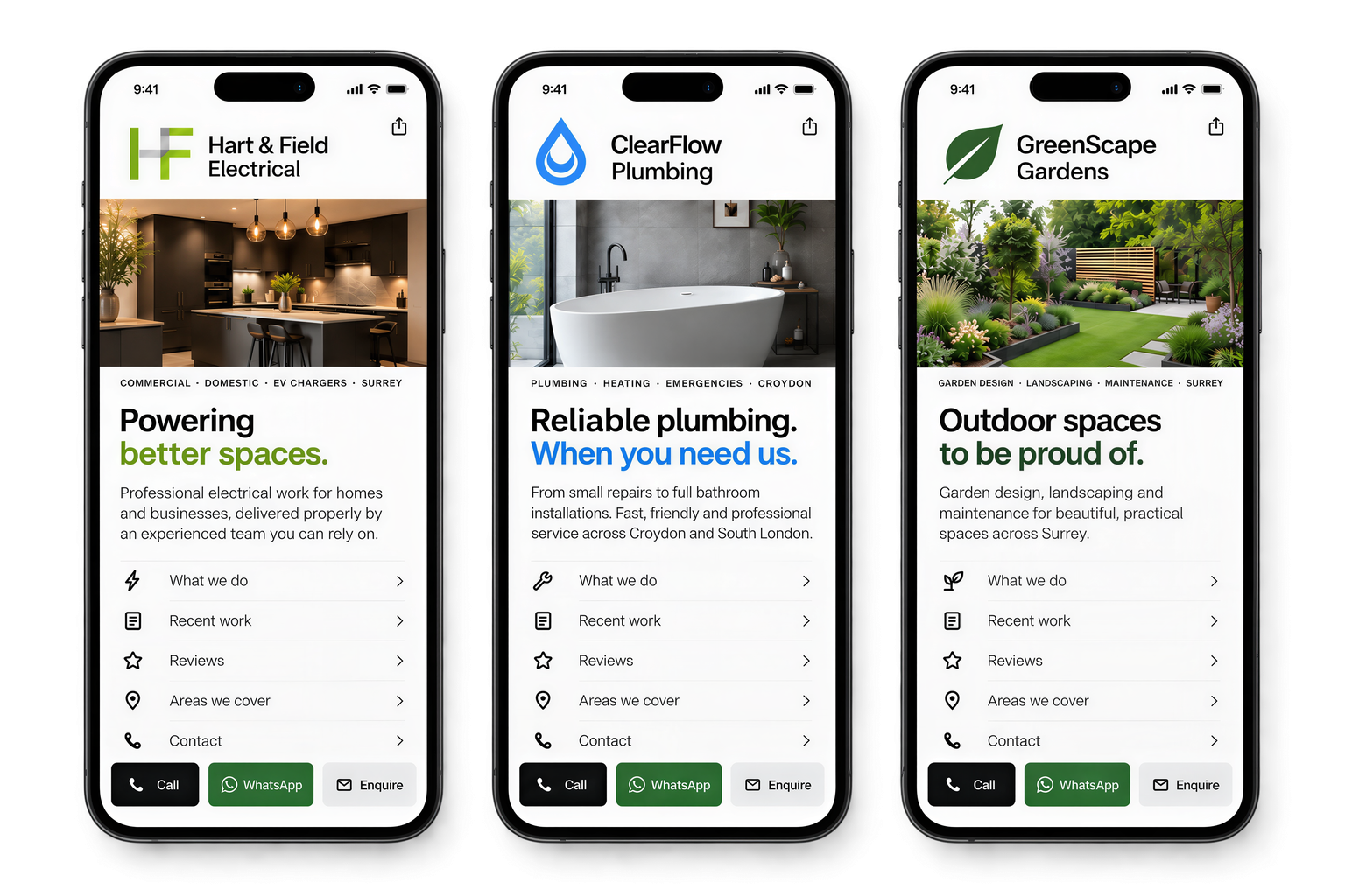 Three example business profiles for an electrician, plumber and landscaper